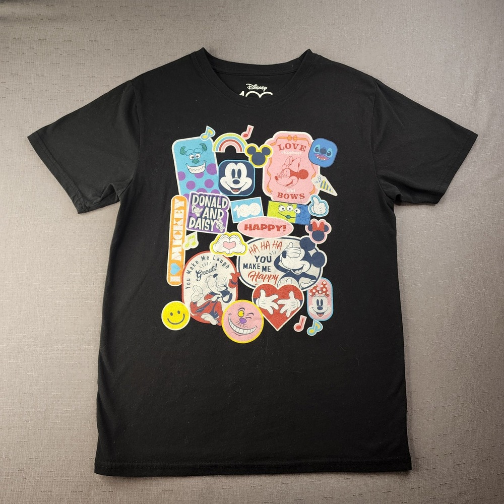 Disney 100 Years of Wonder Sticker Graphic T-Shirt Black Medium Mickey Pixar
